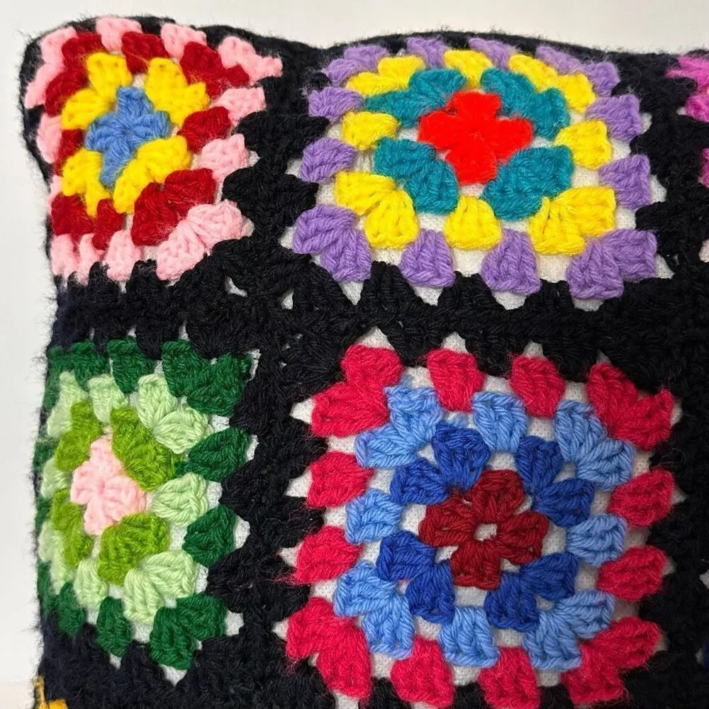 Pillow Crocheted Granny Square Colorful Decoration Black 14”x14”